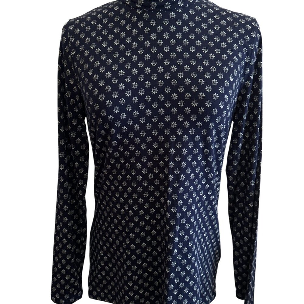 Lands End Shaped Fit Snowflake Print Turtleneck Top M Navy/White Long Sleeve